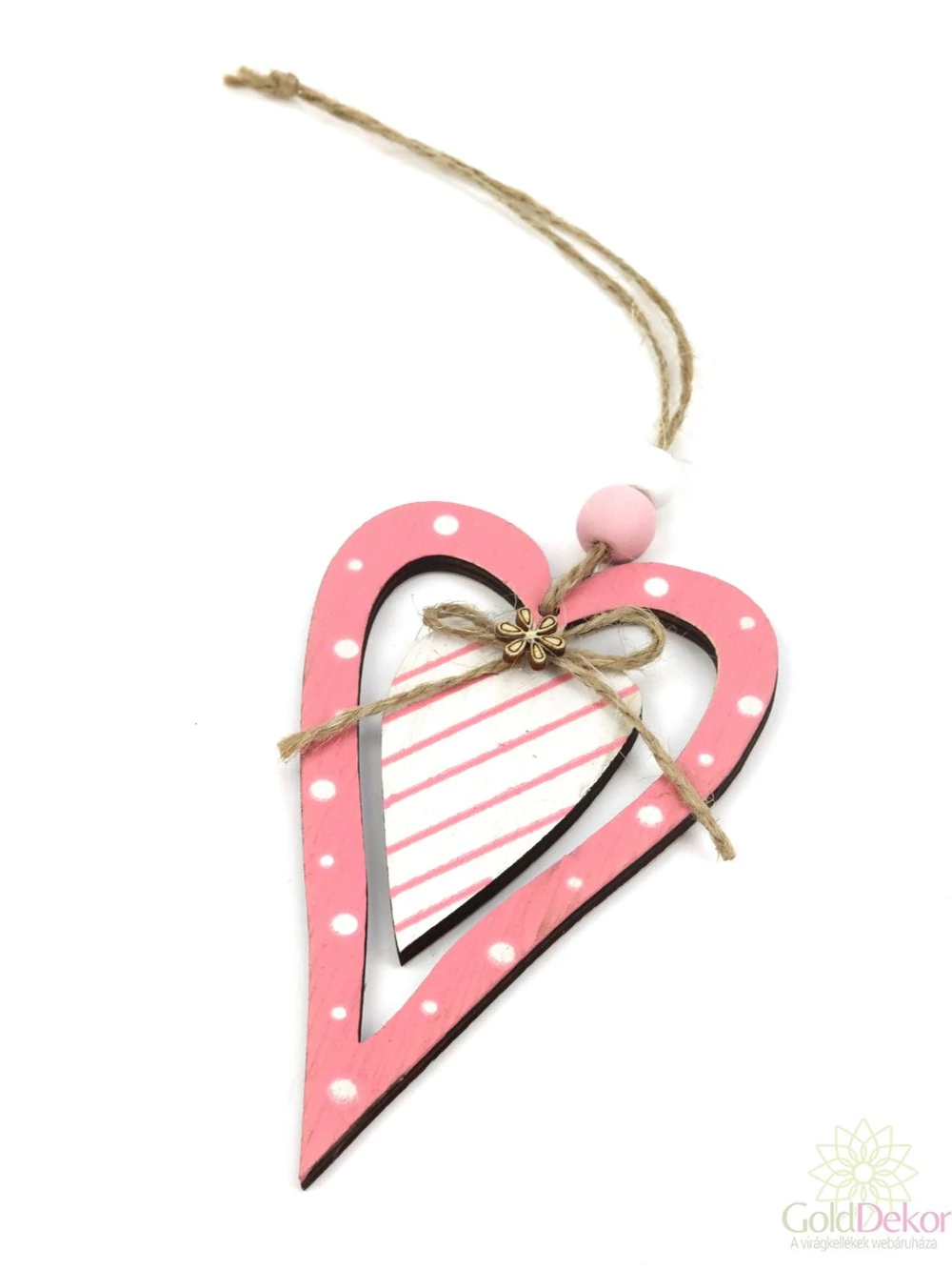 Rózsaszín-fehér fa akasztó szív - Csíkos
