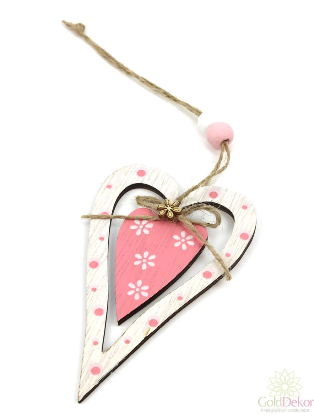Rózsaszín-fehér fa akasztó szív - Virágos