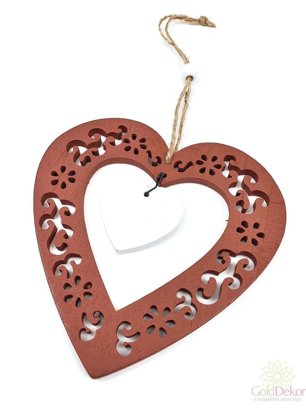 Akasztós csipkézett fa szív - Barna