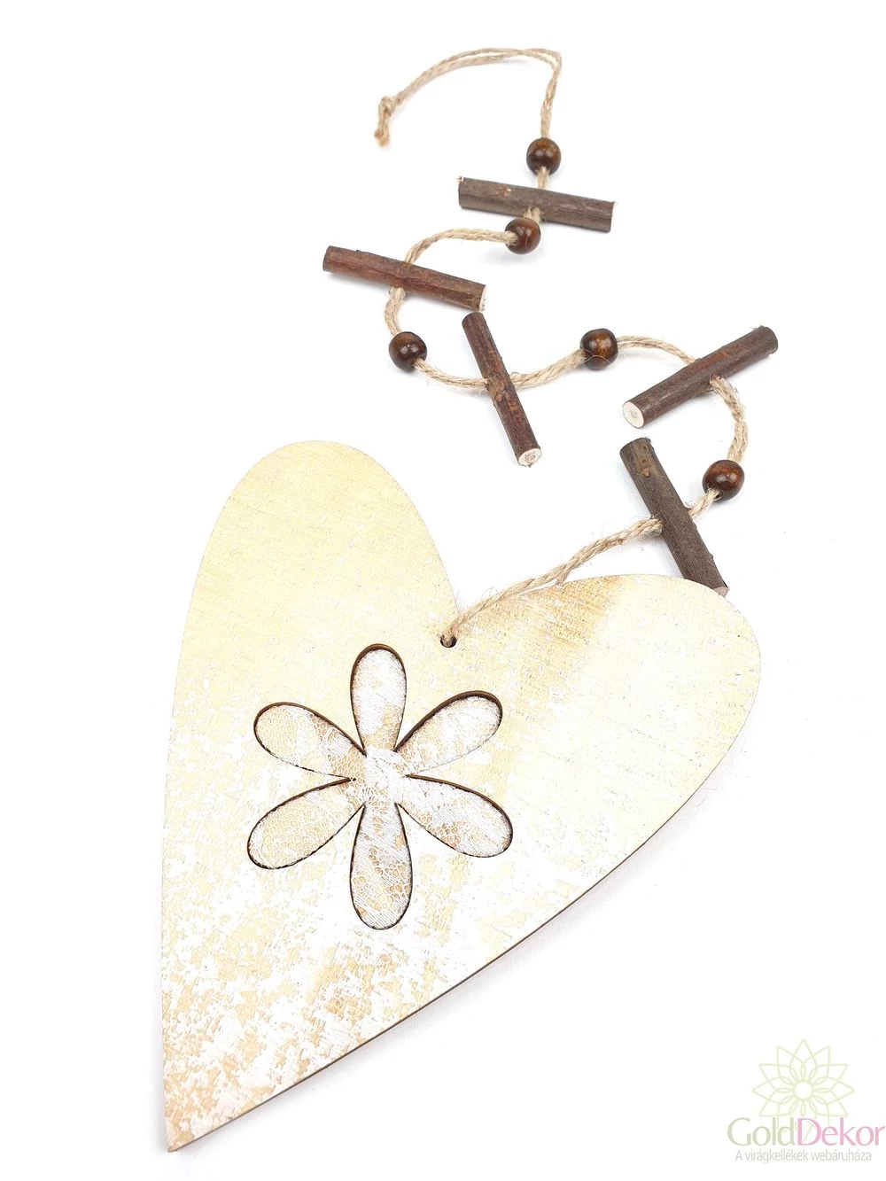 Fa szív girland virággal - Világos Barna