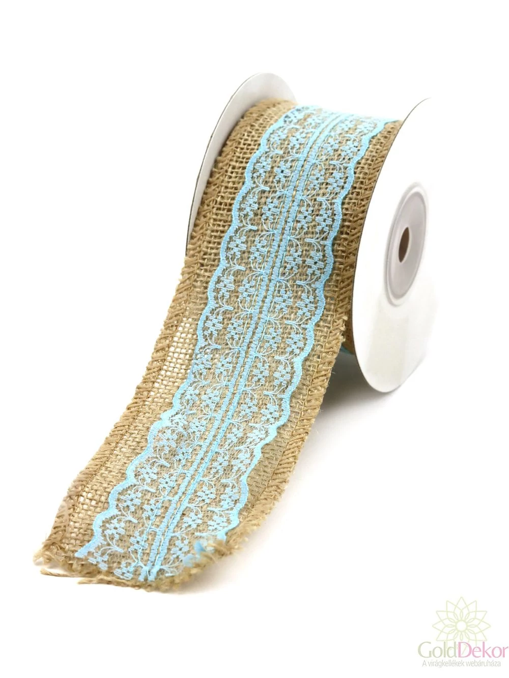 Juta szalag csipkével 6 cm - Kék