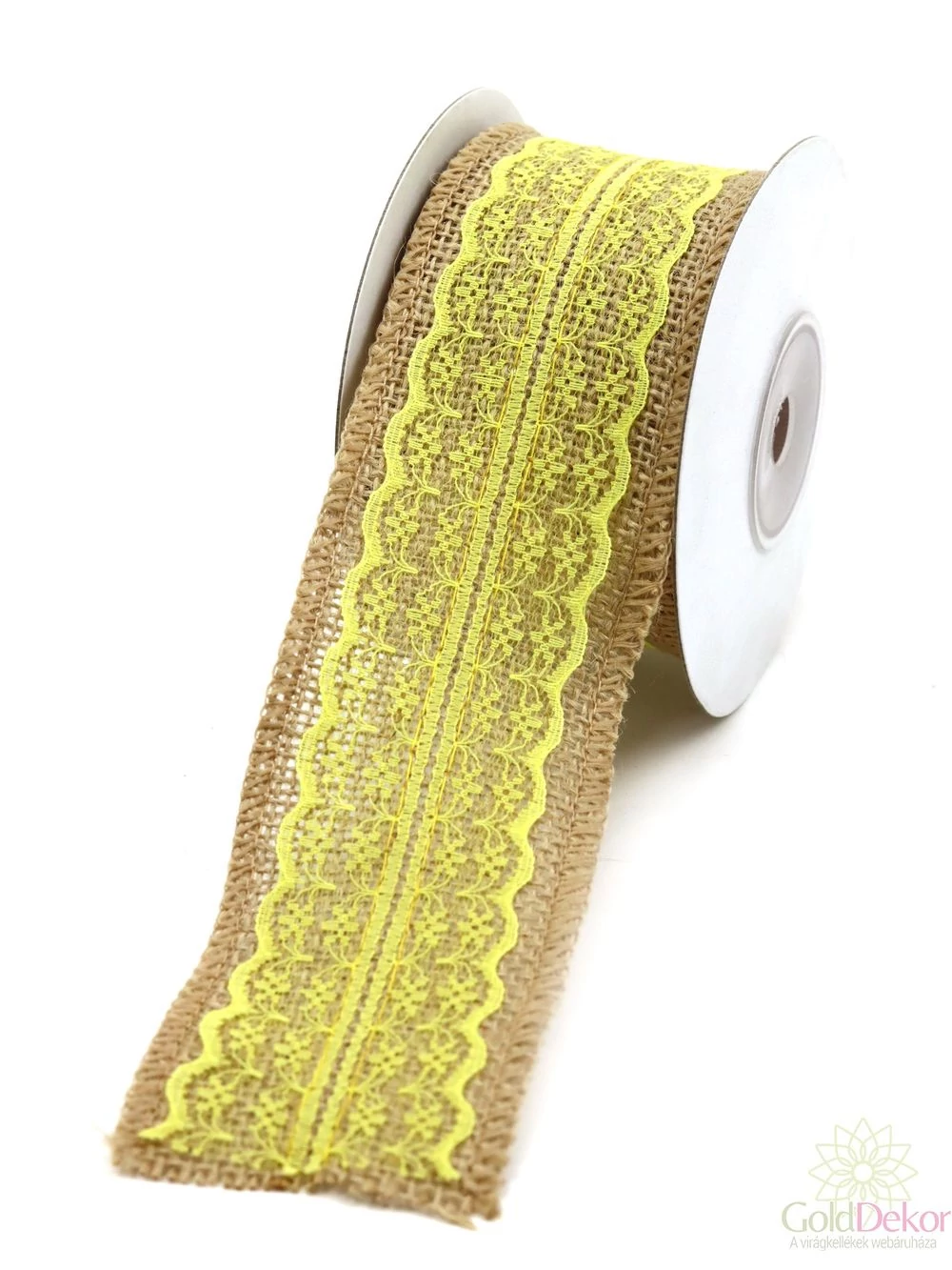 Juta szalag csipkével 6 cm - Sárga