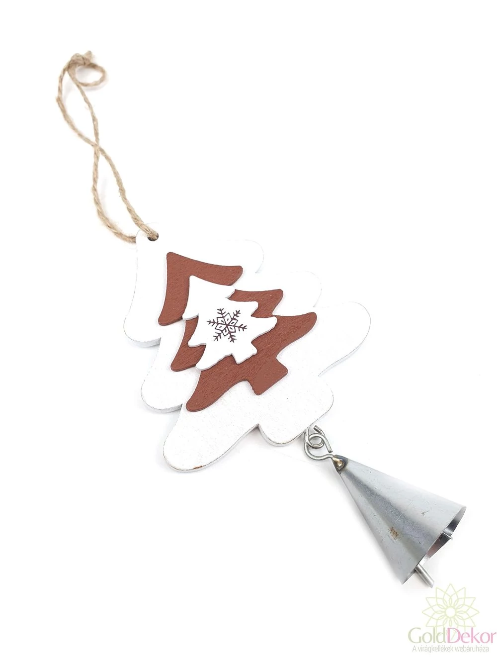 Fa dekor függő csengővel hópelyhes - fenyő