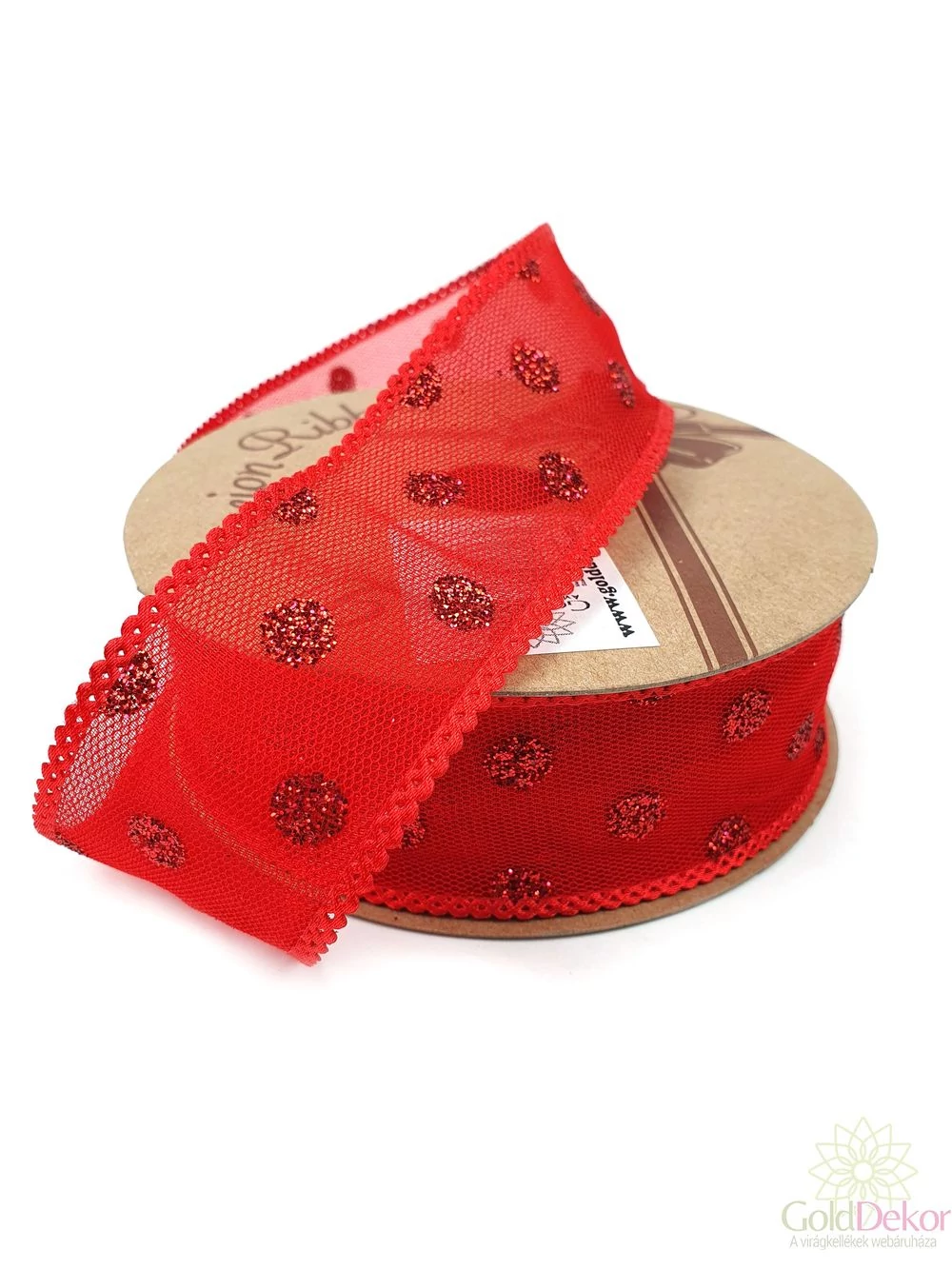 Csillám pöttyös hálós szalag - Piros
