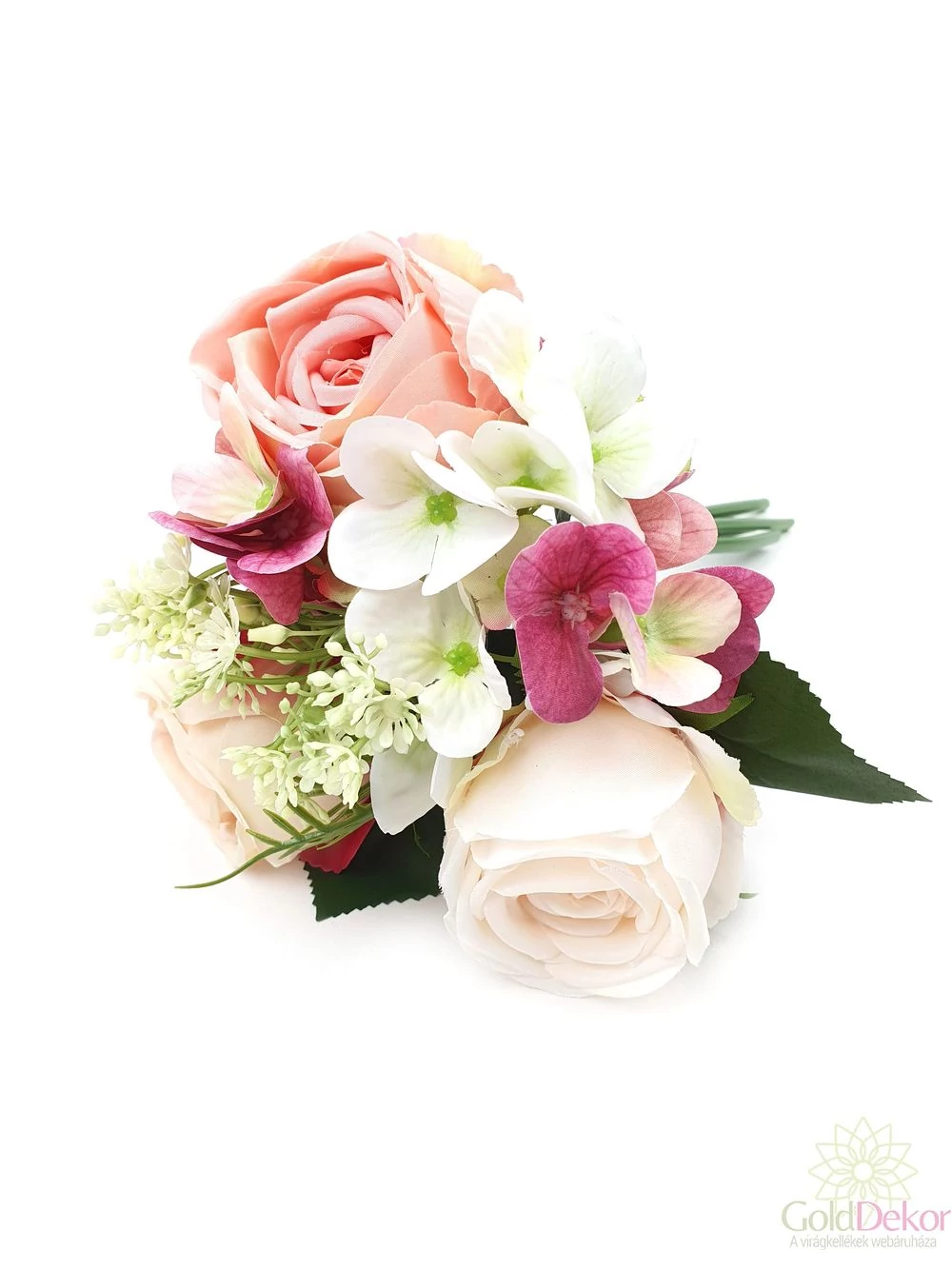 Nagyfejű rózsa- hortenzia csokor - Rózsaszín