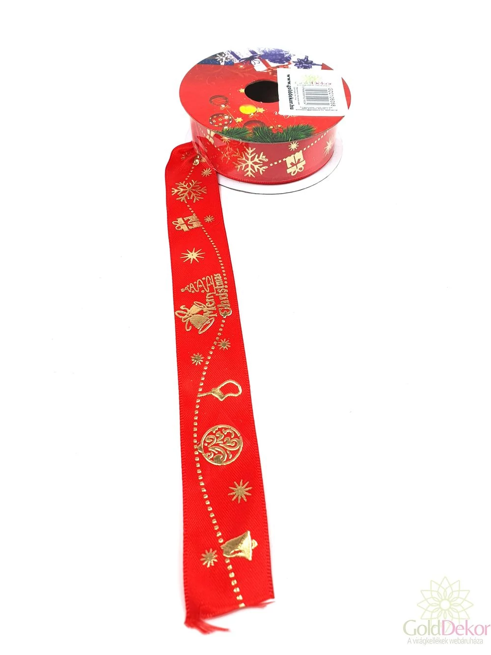 Karácsonyi szatén szalag arany mintával - Piros