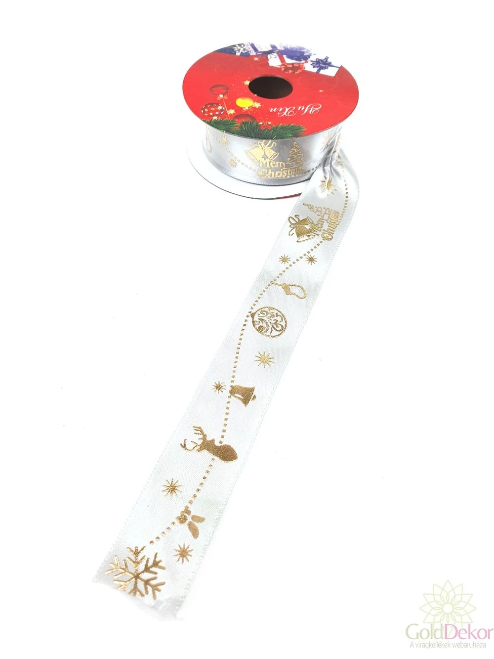 Karácsonyi szatén szalag arany mintával - Szürke