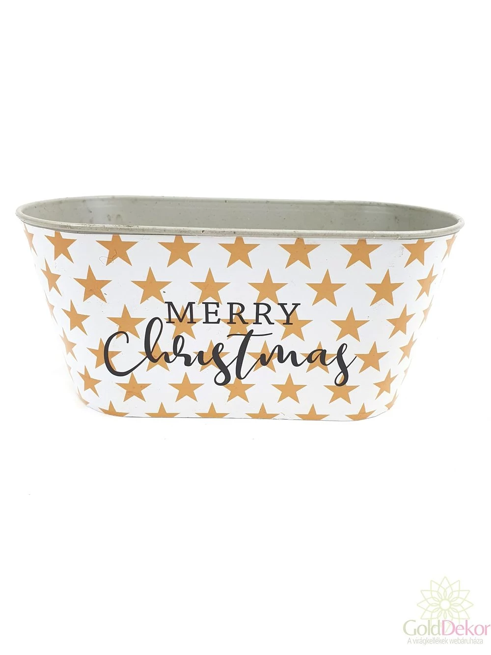 Mintás műanyag ovál kaspó - Merry Christmas csillagos