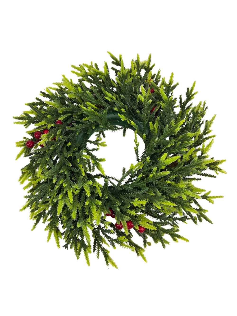 Apró levelű műfenyő koszorú bogyóval 35 cm - natúr