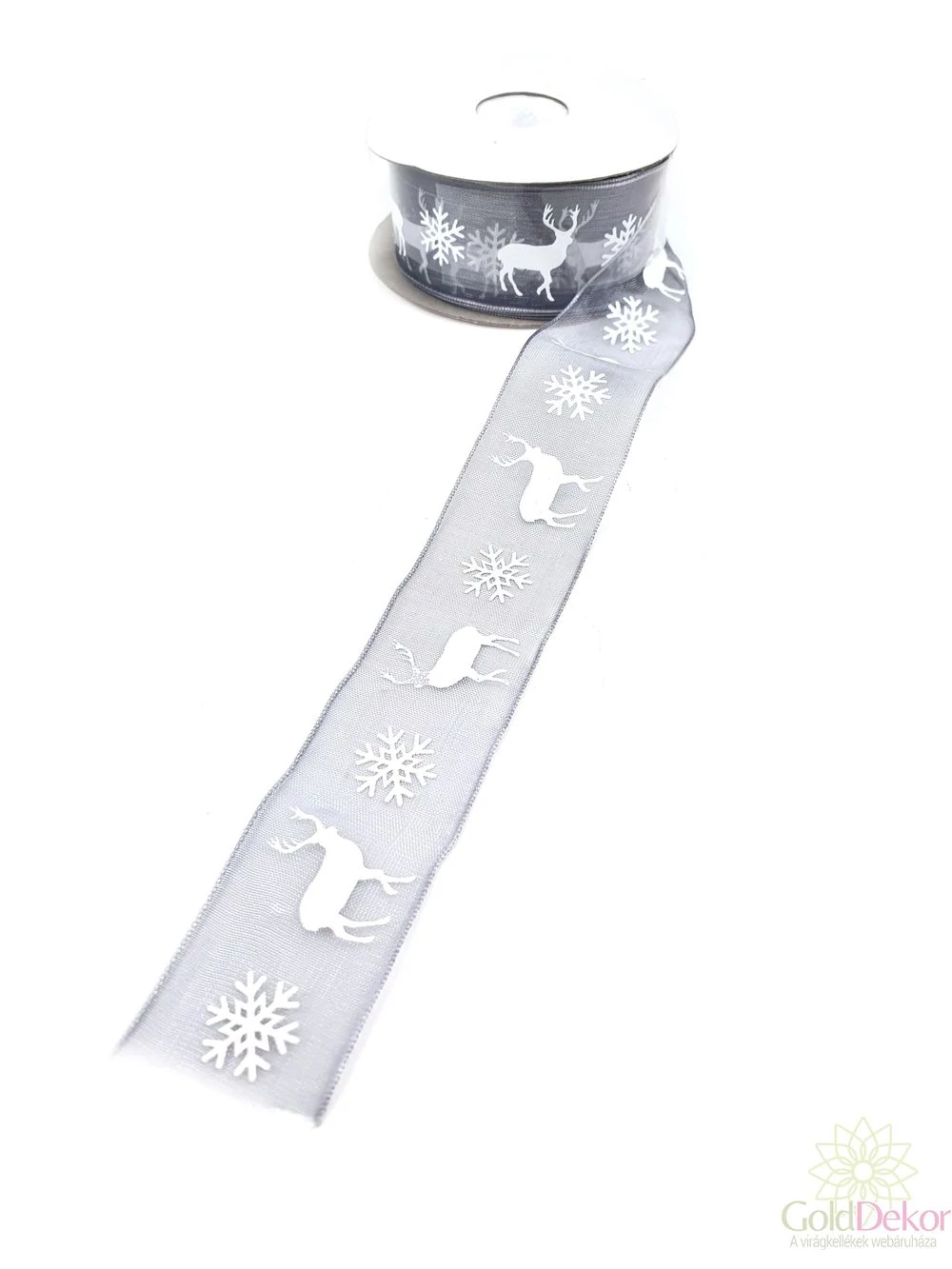2,5 cm organza szalag szarvas mintás - Szürke