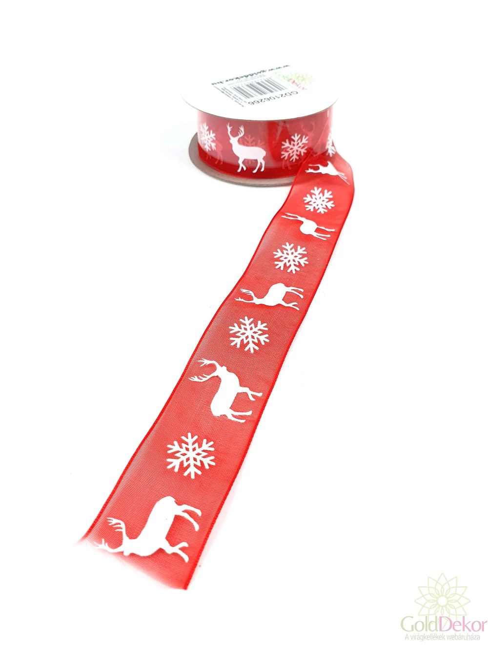 2,5 cm organza szalag szarvas mintás - Piros