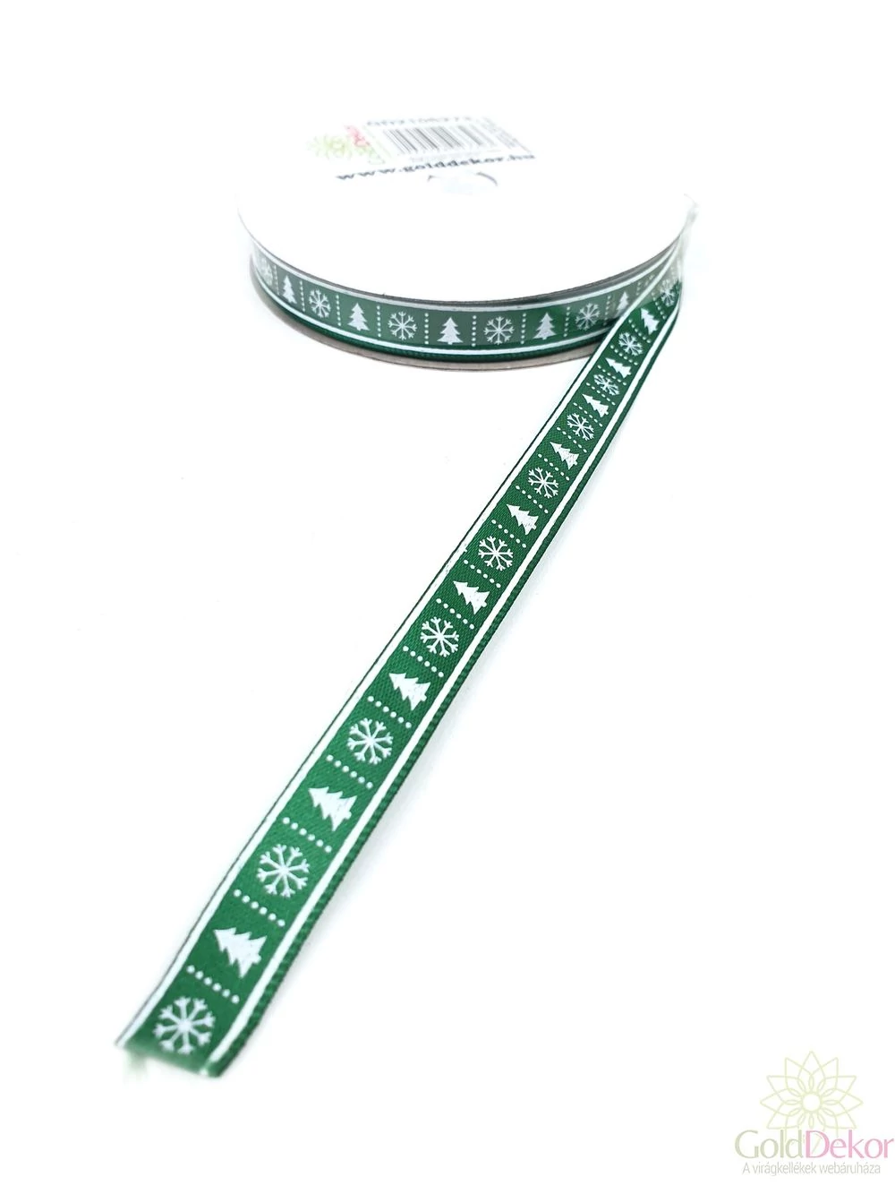 1 cm szatén szalag fenyőfa mintás - Zöld