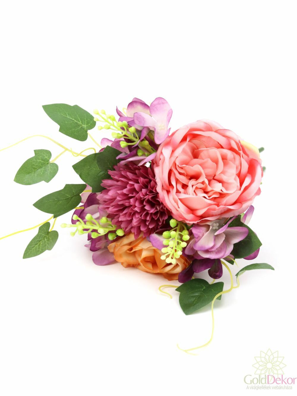 Vegyes virágú dekor csokor borostyánnal  - Rózsaszín