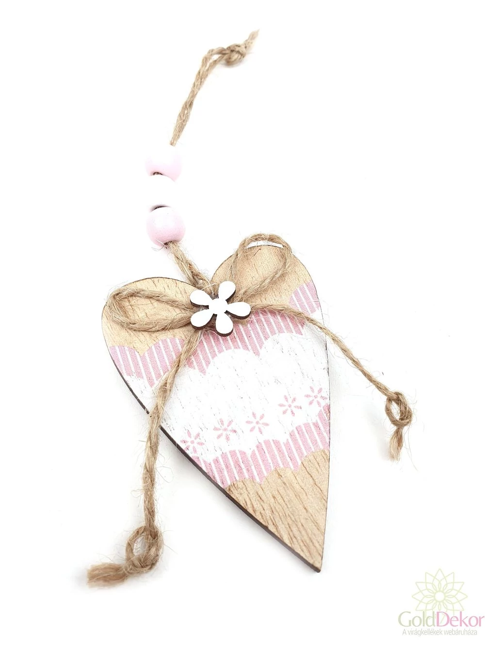 Mintás akasztós fa szív - Rózsaszín