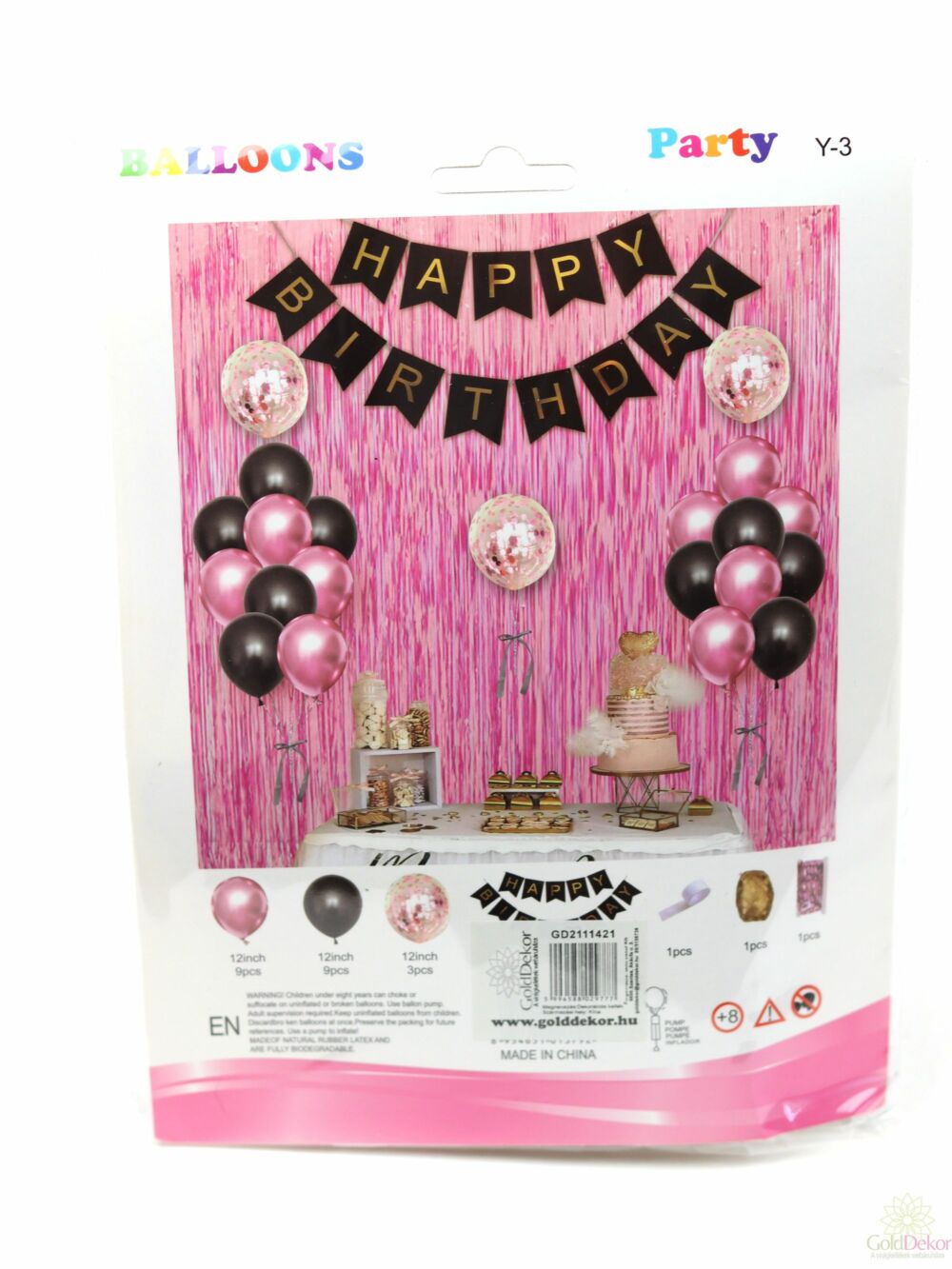 Lufi szett Happy Birthday felirattal és flitteres lufikkal - Rózsaszín-fekete