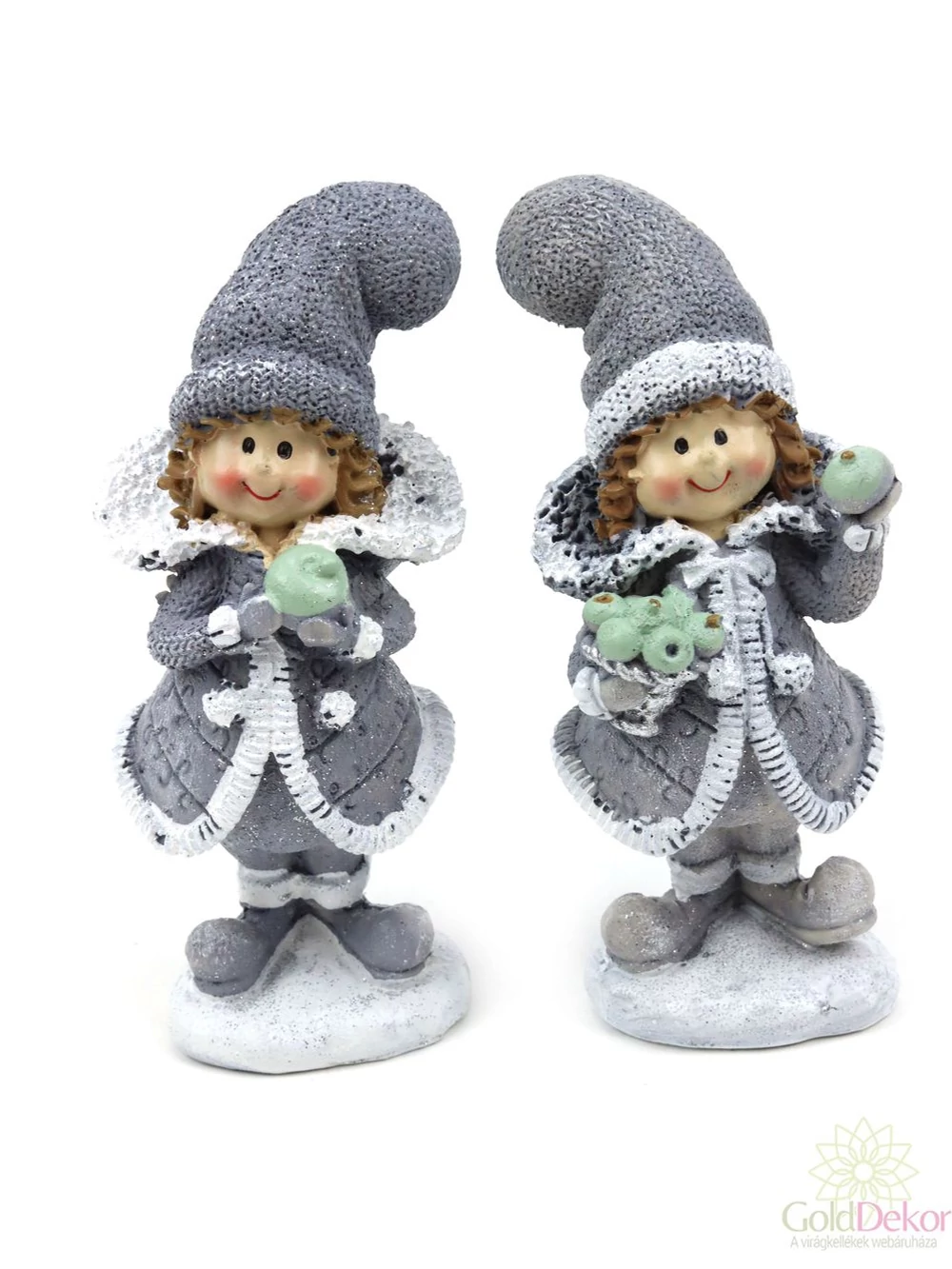 Szürke ruhás figura almával