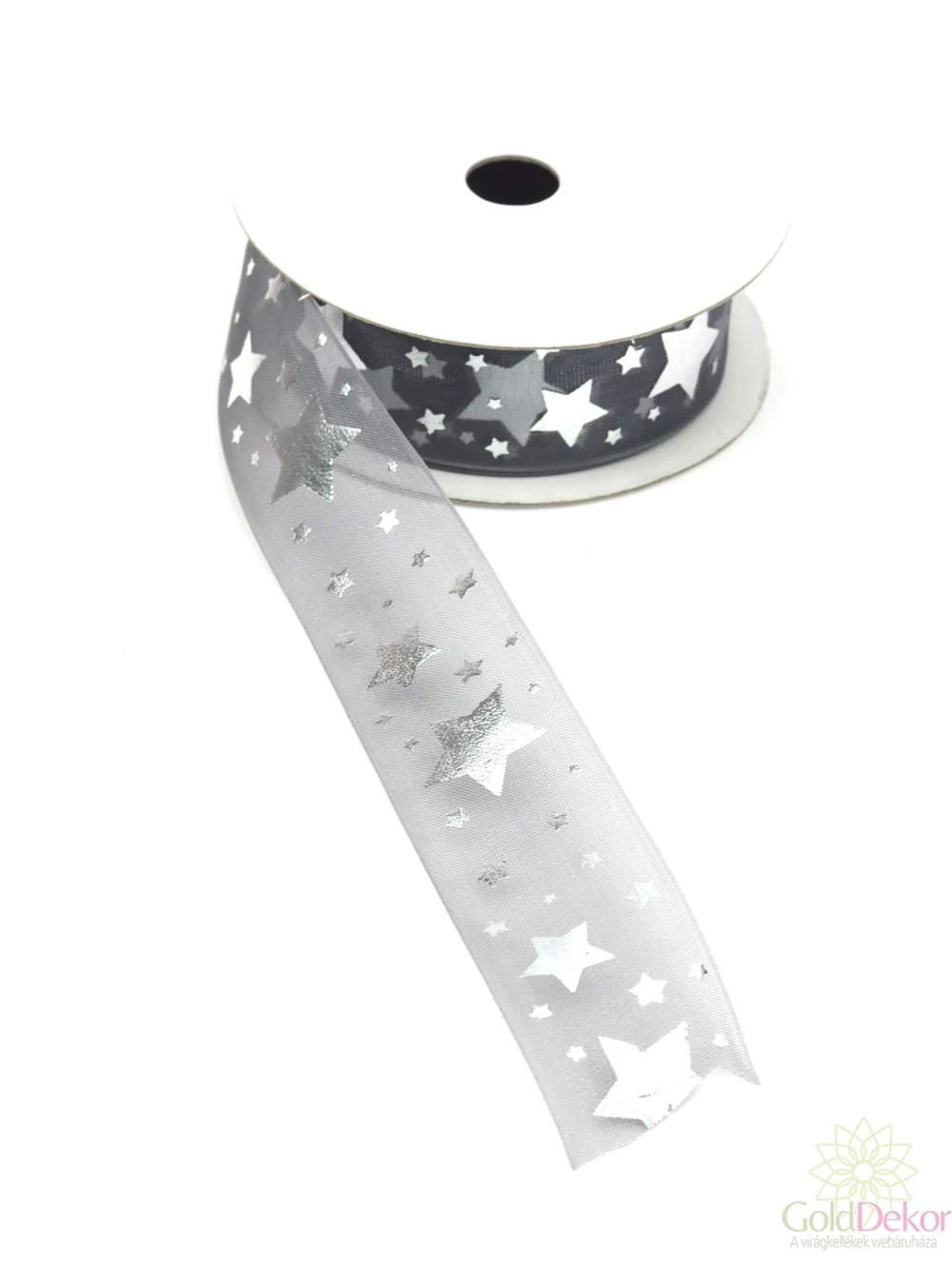 Csillagmintás organza szalag 3 cm - Szürke
