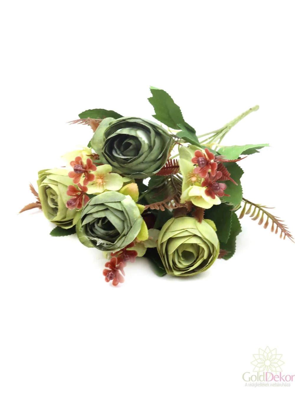 Antik boglárka csokor bordó kiegészítőkkel - Zöld