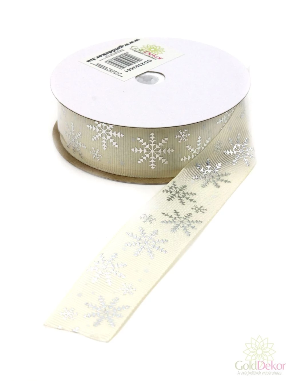 Ezüst hópehely mintás ripsz szalag  - Tört fehér