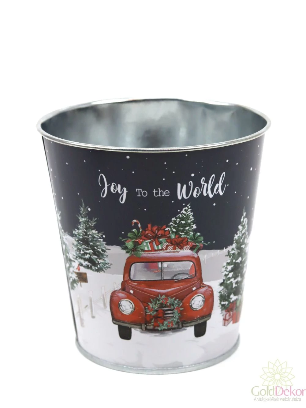 Karácsonyi mintás bádog kaspó 10 cm - Joy to the world