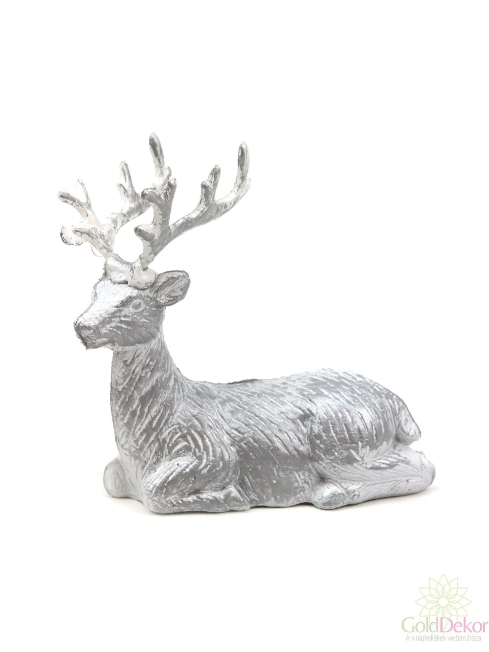 Metálos műanyag szarvas - Fekvő antikolt ezüst