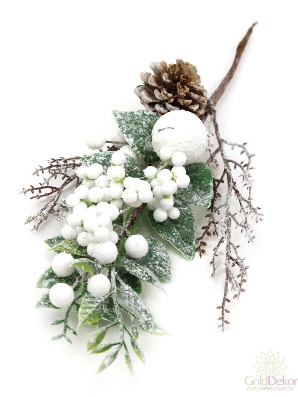 Fehér bogyós téli ág tobozzal