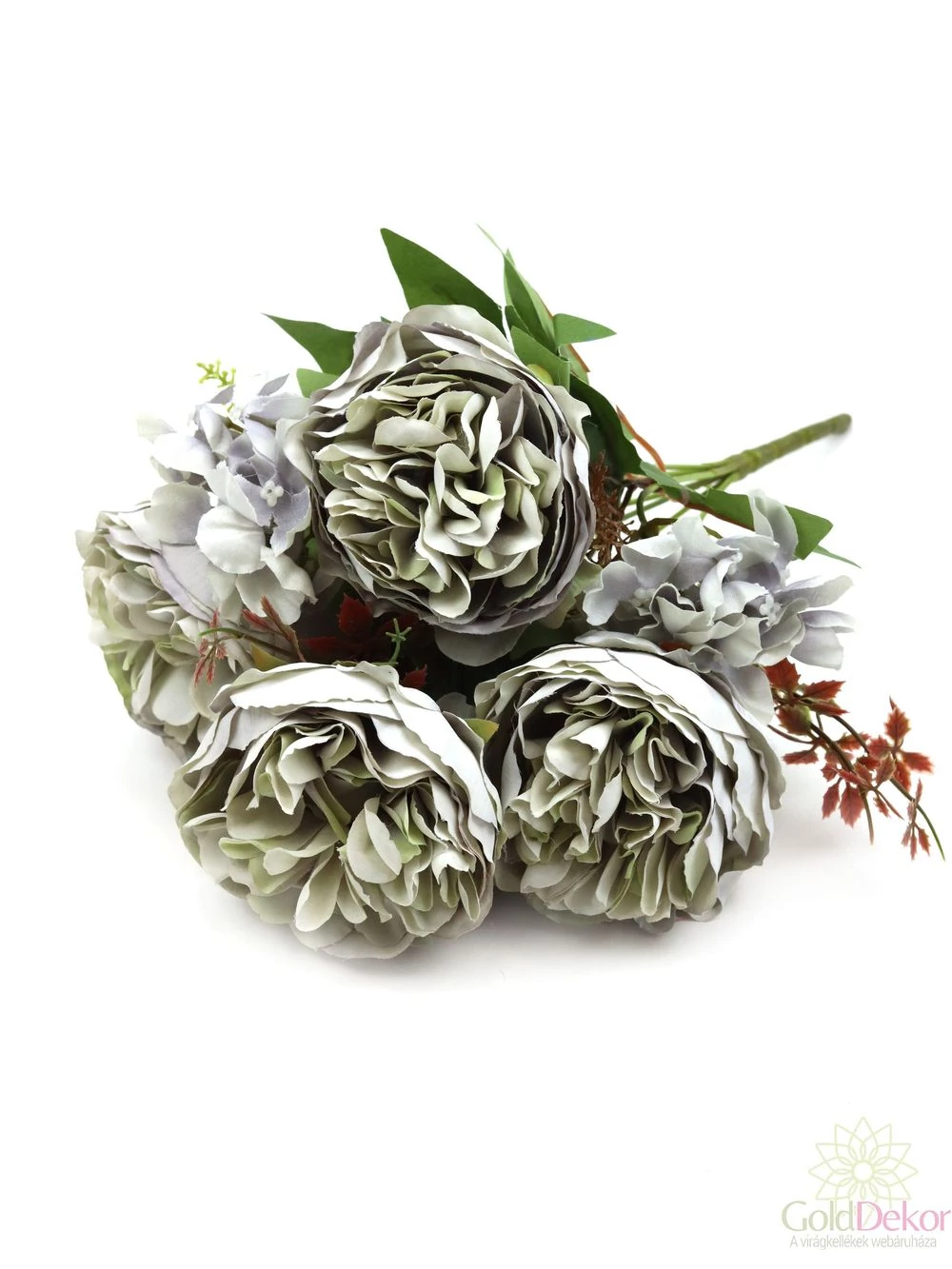 4 fejes peonia csokor hortenziával - Antik zöld