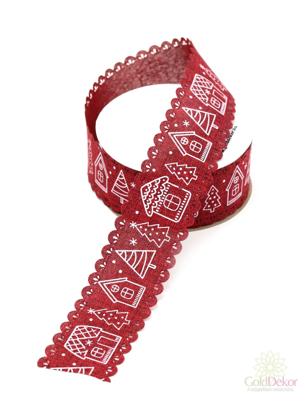 Fehér karácsonyi mintás textil szalag - Bordó