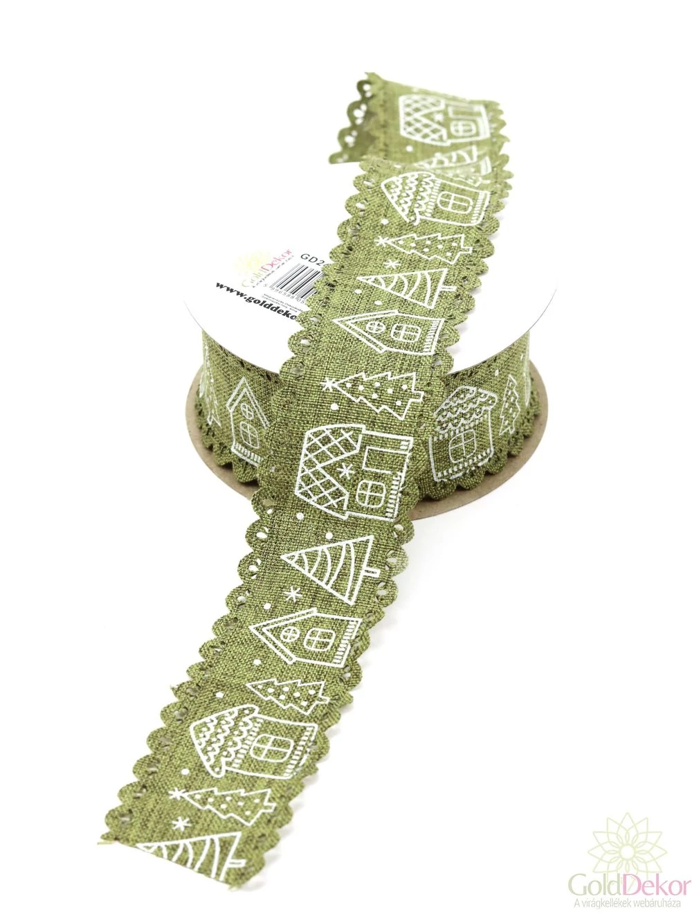 Fehér karácsonyi mintás textil szalag - Zöld