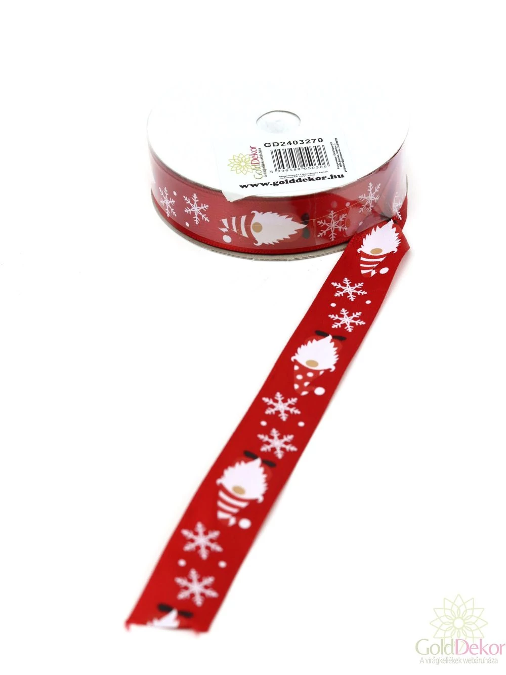 Manó mintás karácsonyi szatén szalag - Piros