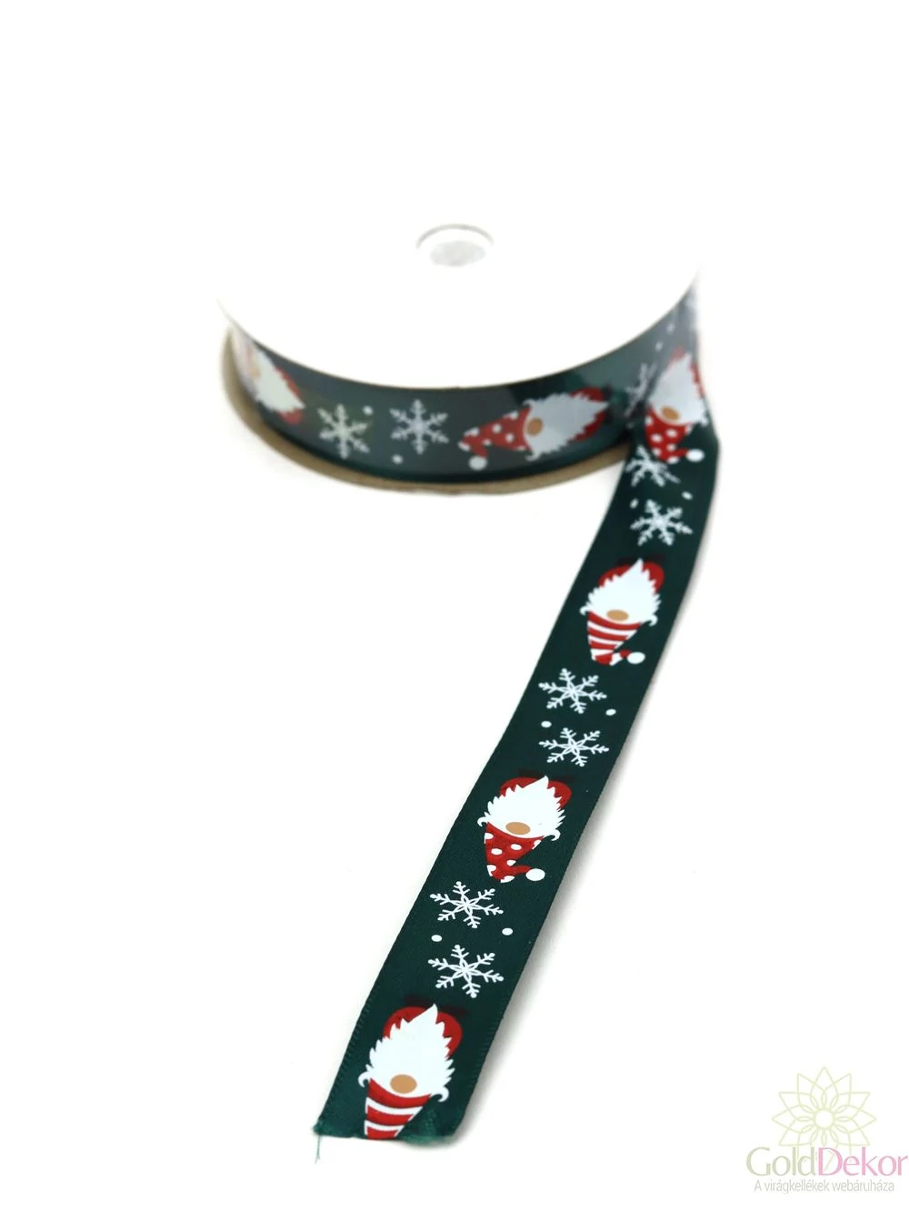 Manó mintás karácsonyi szatén szalag - Sötét zöld