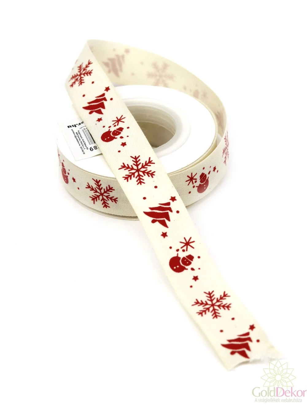 Natúr-piros karácsonyi textil szalag - D