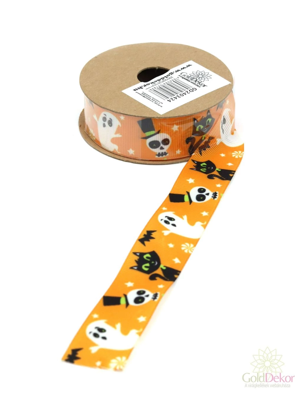 Őszi mintás ripsz szalag - Narancs cicás