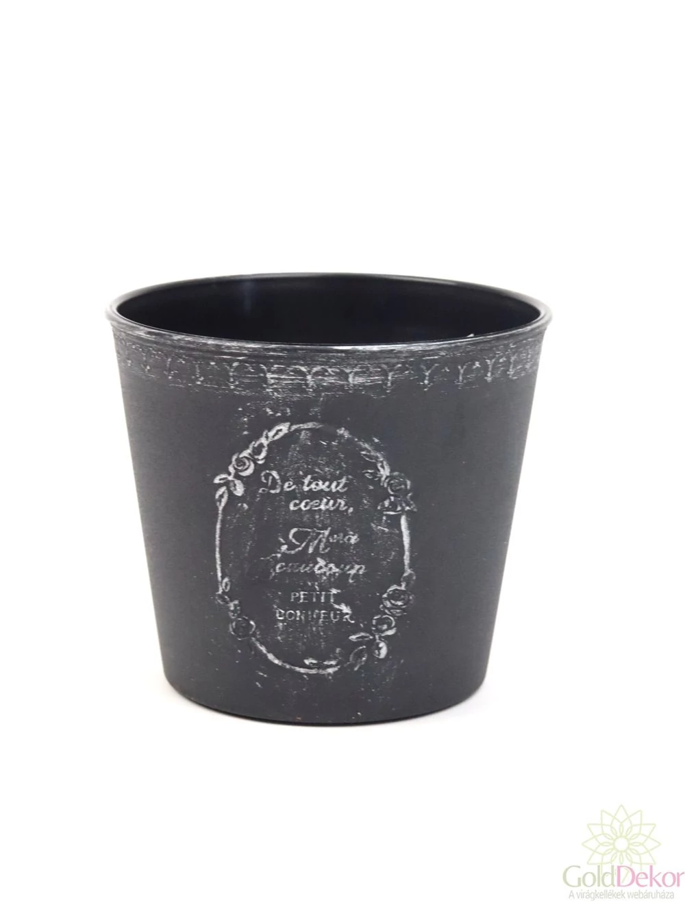 Metál címeres műanyag kaspó - Fekete ezüst mintával