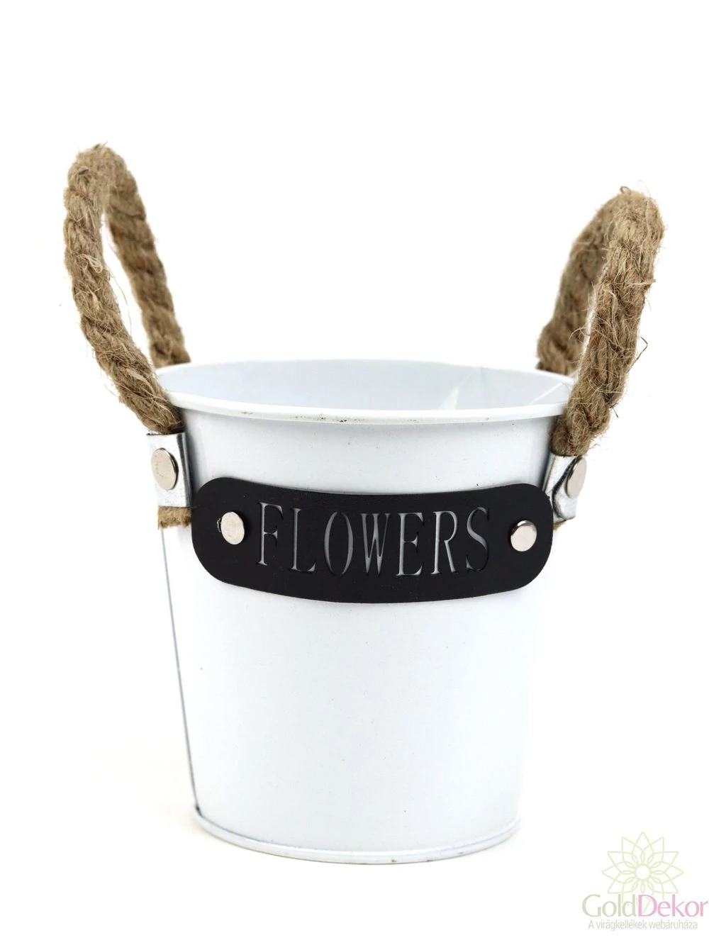 Kötél füles bádog vödör fém felirattal - Fehér