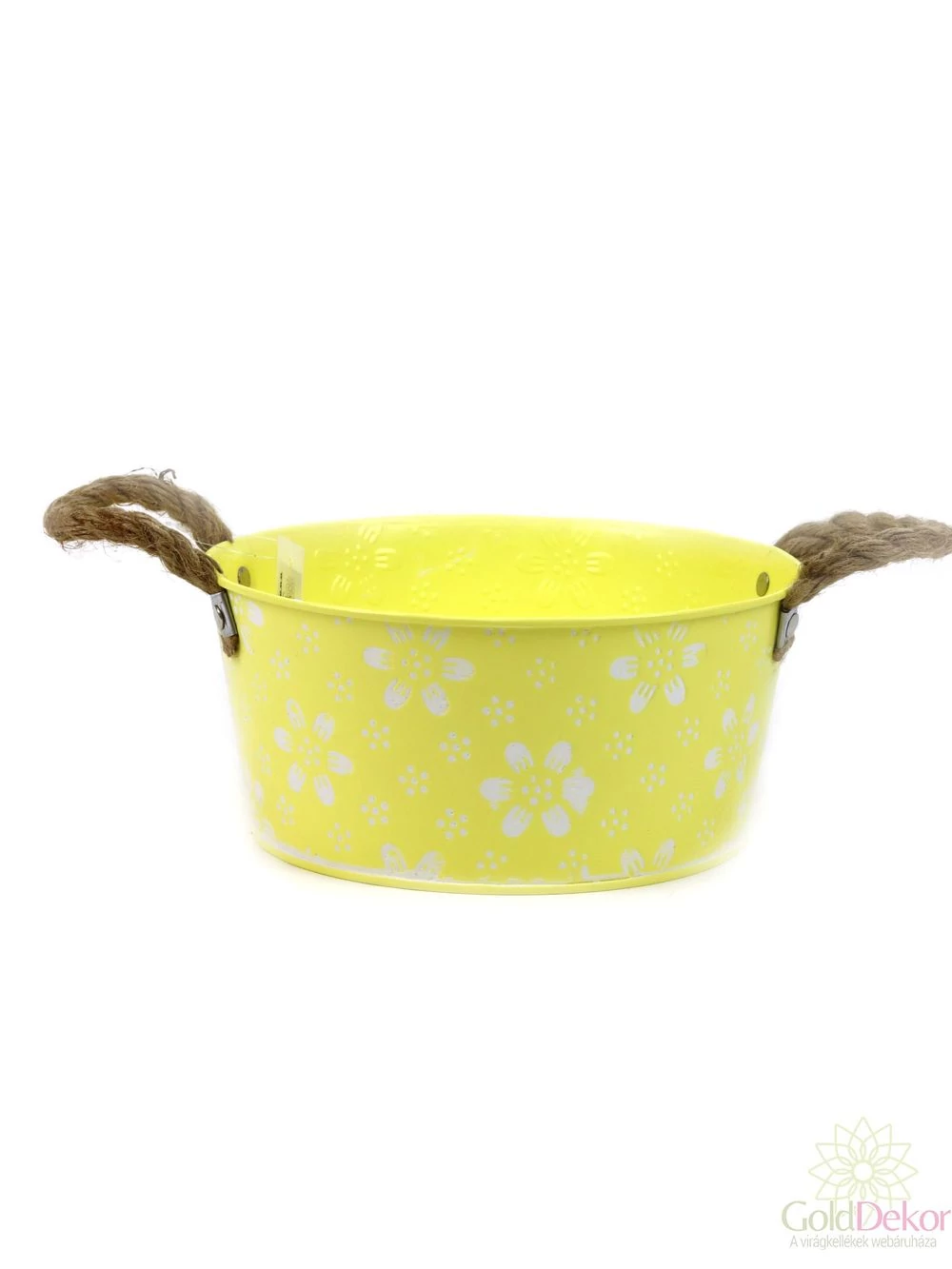Fehér virág mintás színes bádog tál - Sárga Fehér virág mintás színes bádog tál - Sárga