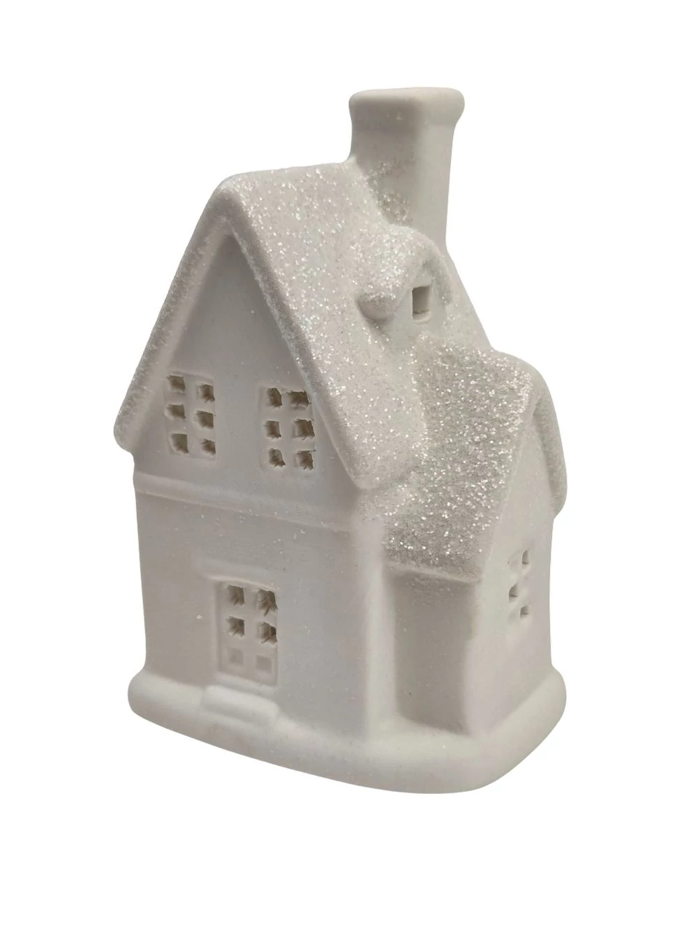 Kerámia fehér téli házikó - Csillámos tetejű D