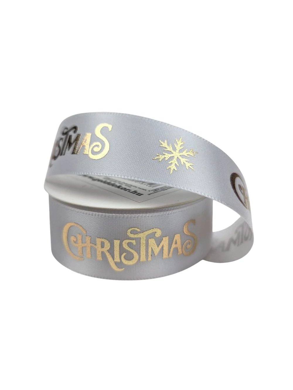 Szatén szalag arany Christmas felirattal - Fehér