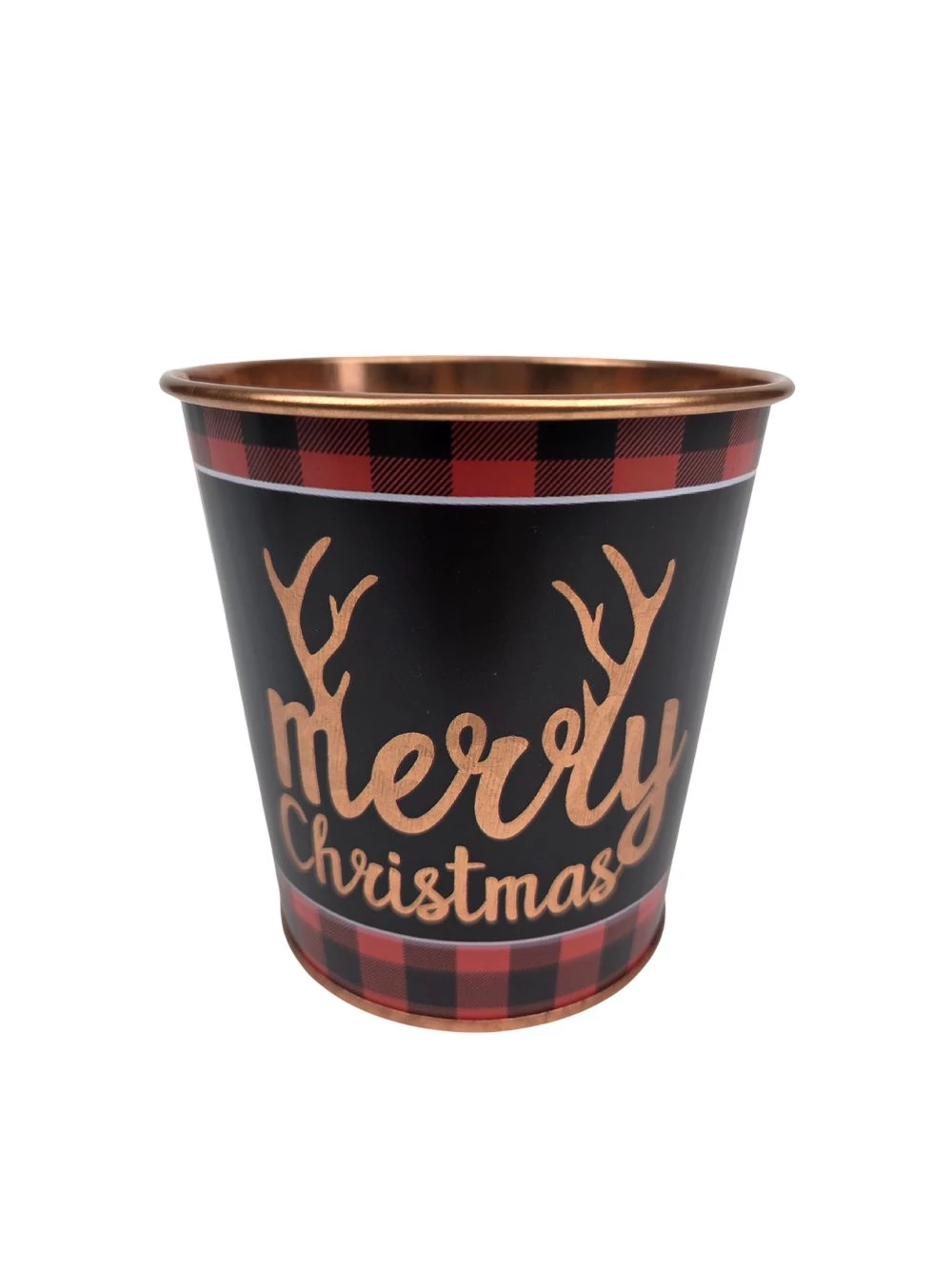 Karácsonyi mintás bádog kaspó 10 cm - Agancsos Merry Xmas