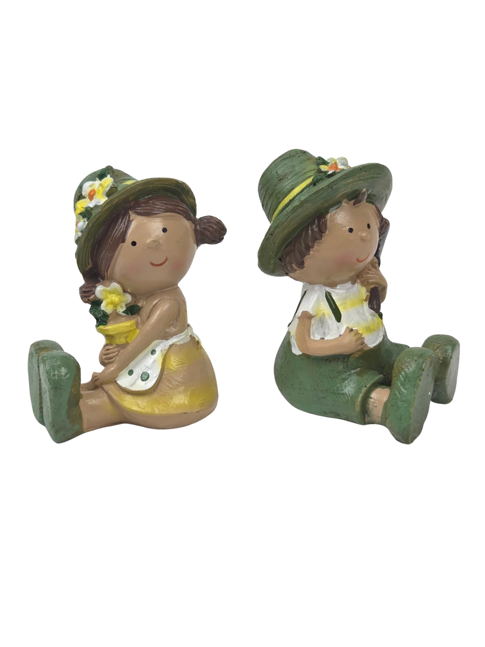 Sárga-zöld ruhás kertész figura