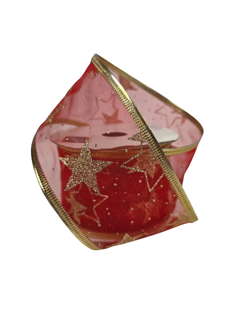 Karácsonyi organza szalag aranyszélű - Piros arany csillaggal