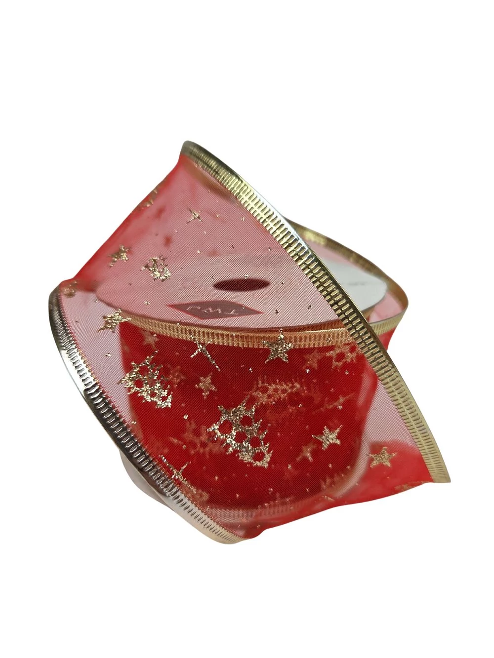 Karácsonyi organza szalag aranyszélű - Piros arany fenyővel