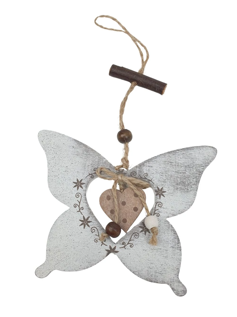 Antik fa lepke pöttyös szívvel - hamvas