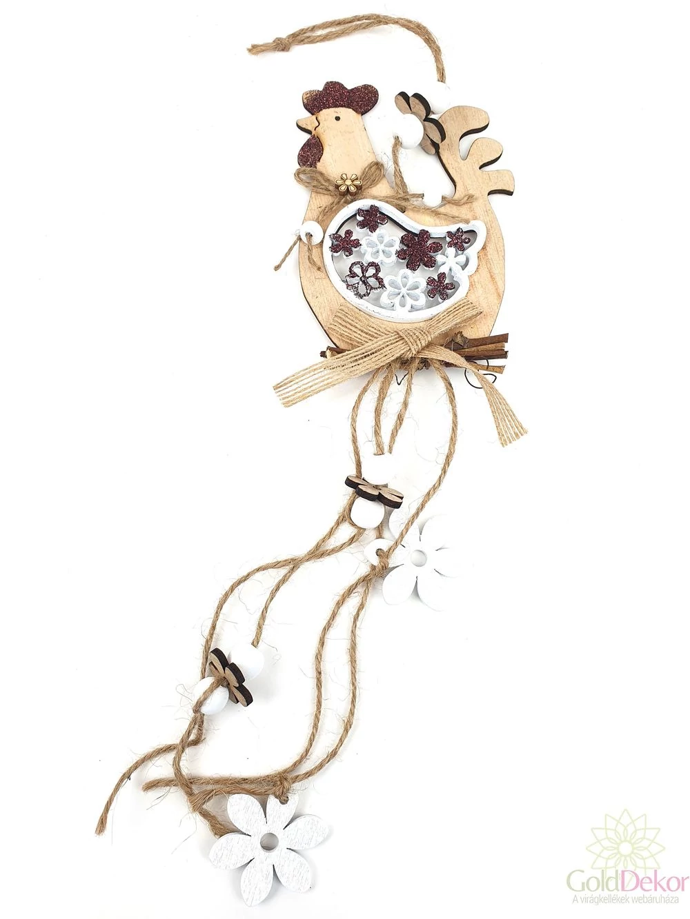 Fehér-barna virágos húsvéti ablakdísz - tyúk