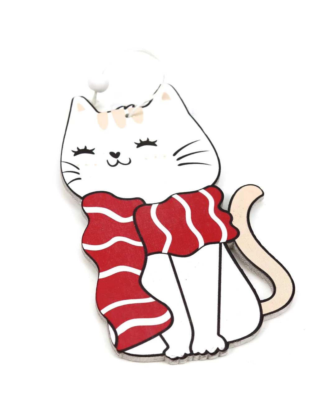 Fa dekor piros sálas cica - Fehér