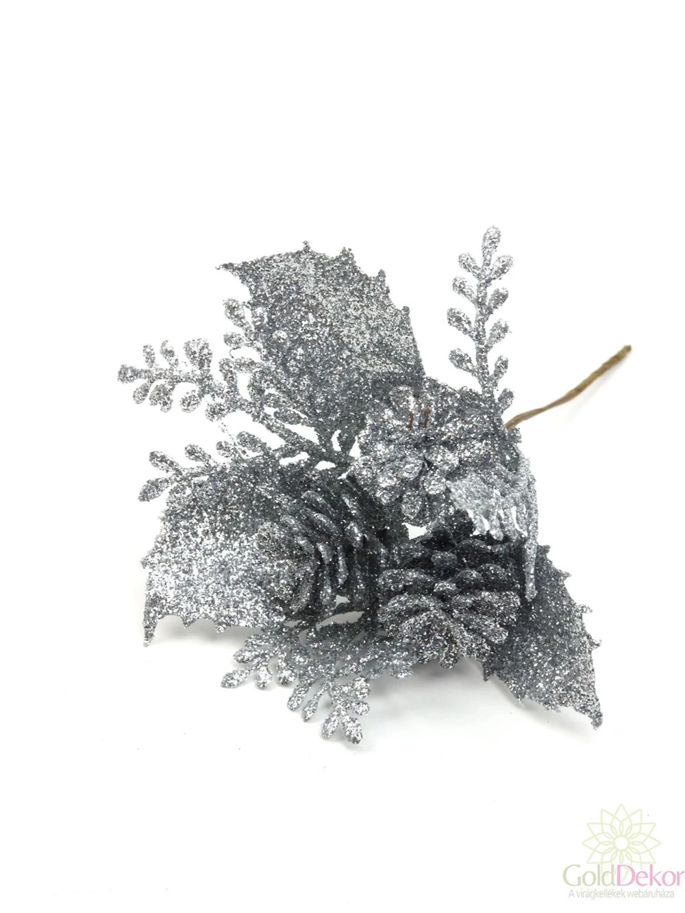 Glitteres toboz pikk ilex levéllel - Ezüst