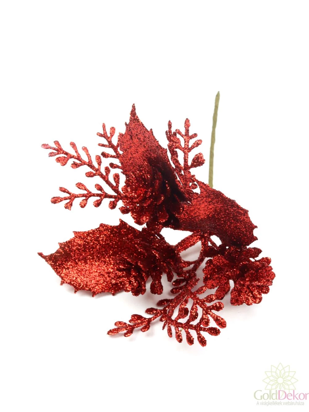 Glitteres toboz pikk ilex levéllel - Piros