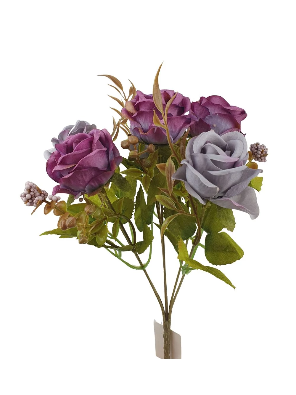 Kép 2/2 - 6 fejes rózsa csokor antik zöld kiegészítővel - Lila